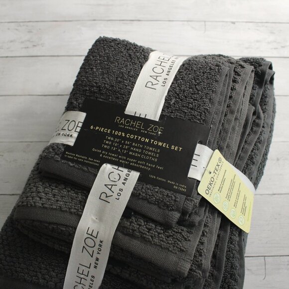 Rachel Zoe Bath Towel Set 100% Cotton Gray Bath Hand Washcloth 6 Piece - Picture 5 of 6